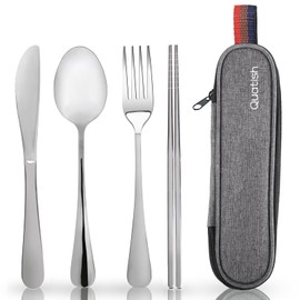Travel Utensils with Case, Quatish Portable Silverware Set for Work, Stainless Steel Reusable Travel Cutlery, Fork and Spoon Set for Camping, Picnic, Gadgets, Lunch Box for Men, Christmas Gift, Silver