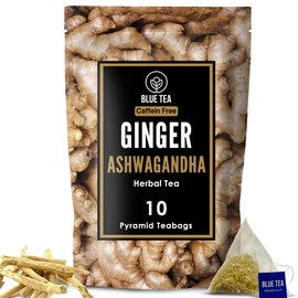 BLUE TEA - Ginger Ashwagandha Tea Bags- 10 Pyramid Tea Bags | AYURVEDIC BLEND | Anti-Oxidant - Herbal Tea - Caffeine-free - Vegan - Non-GMO - Gluten Free- Natural Ingredients | Zipper Pack