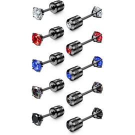 [JeryWe] 10pcs Surgical Steel Earrings Screw Back Stainless Steel Stud Earrings for Women Men Rainbow 5A Cubic Zirconia Sleeper Stud Hypoallergenic Earrings for Sensitive Ears 3-8mm, Stainless Steel