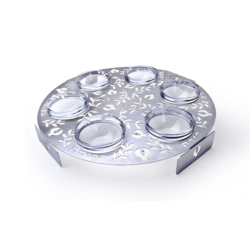 Unique Laser-Cut Stainless Steel Passover Seder Plate with Glass Insets,