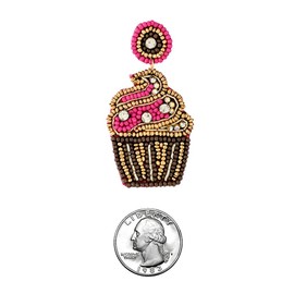 Rosemarie & Jubalee Women's Fun And Festive Decorative Birthday Themed Holiday Celebration Seed Bead Hypoallergenic Dangle Earrings (Fuchsia Pink Birthday Cupcake, 2.5")
