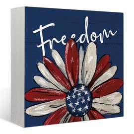 FLVGE 4th of July Decor, Fourth of July Decorations, Patriotic Decorations, American Flag Flower Wooden Box Block Sign Decorations for Home Shelf Desk Indoor Table Decor,Independence Day, 5x5