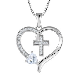 PYNZY 925 Sterling Silver Cross Pendant for Women, Heart Necklace with Cubic Zirconia Birthstone Christian Baptism Jewelry Gifts for Women