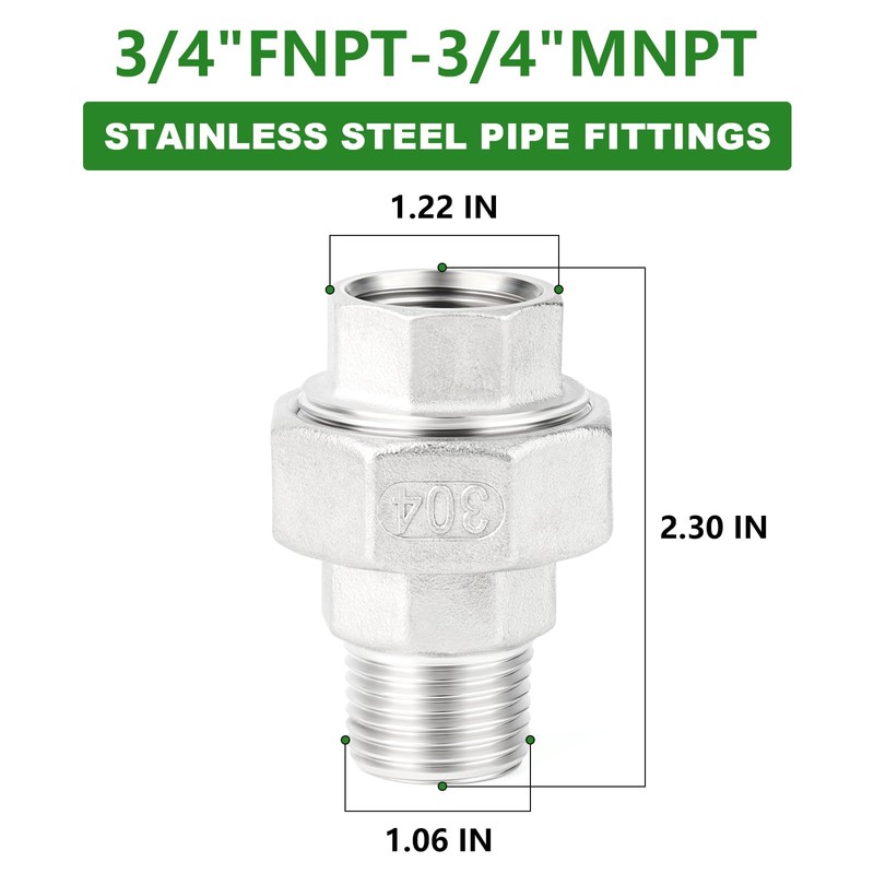 TAISHER 2PCS 304 Stainless Steel Union, 3/4" NPT Male x