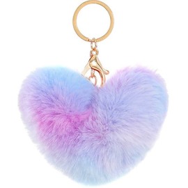 JOIUXNER Plush Keyring with Love Heart Cute Pom Pom Fluffy Fur Ball Key Ring Car Bag Backpack Soft Charms Pendant, Colour J