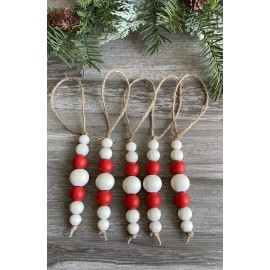 Handmade Set of 5 Natural & Red Wood Bead Christmas Ornaments Decor