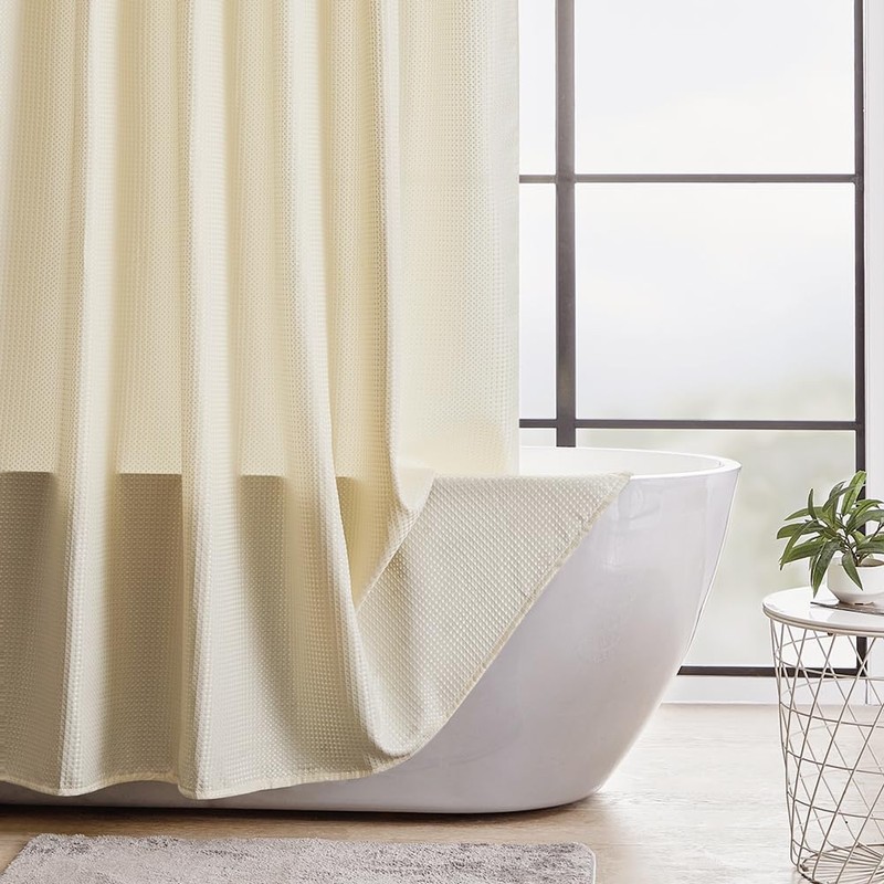 Extra Long Beige Shower Curtain 84 Inch Length,Waffle Weave Textured