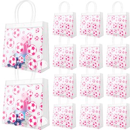 Demonwer 12 Pcs Pink Soccer Clear Goodie Bag with Handles PVC Sport Theme Goodie Treat Candy Bags Reusable Party Favor Bag for Team Birthday Gifts 8×8×3.2 Inch