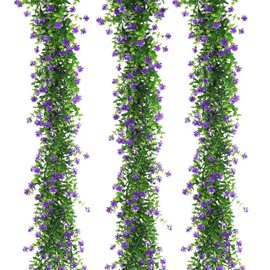 Fake Hanging Eucalyptus Garlands Artificial Vines Plants Eucalyptus Leaves with Flowers Greenery Spring Floral Garland for Home Garden Wedding Wall Arch Party Decoration(Purple)