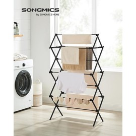 SONGMICS Foldable Clothes Drying Rack, Laundry Drying Rack, Clothes Airer, Steel Frame, 14.6 x 29.5 x 53.2 Inches, Easy Assembly, Indoor Outdoor Use, Black ULLR770B01
