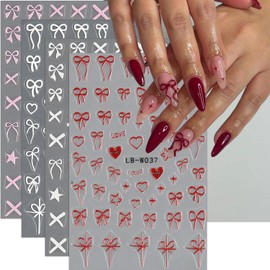 Bow Nail Art Stickers Decals Valentine's Day Nail Stickers 5D Self Adhesive Pink White Red Bow Stickers for Nails Embossed Love Star Designs Nail Art Supplies for Women DIY Manicure Accessories 4PCS