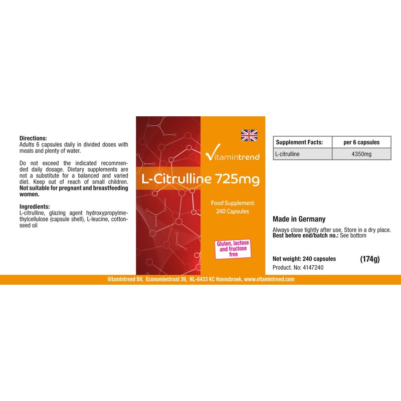 L-Citrulline 725 mg – 240 Capsules – Vegan – High