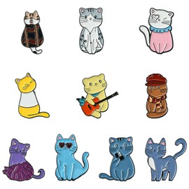 KitBeads Pack of 10 Enamel Blue Cat Pins Music Guitar Cat Brooches 10 Styles Cute Kitten Pet Animal Lapel Pins for Clothes Badge Purse Craft Bulk, Acrylic, Acrylic