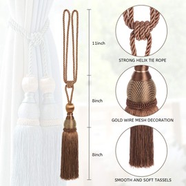 Pretty Jolly 2 Pack Mesh Ball Tassel Curtain Tiebacks European Vintage Style Curtain Holdbacks Handmade Braided Rope Decorative Drape Tie Backs for Home and Office Window Drapery (Light Coffee)