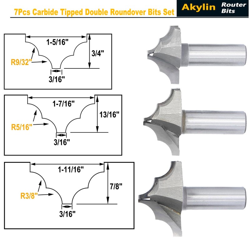 7Pcs Bead Ovolo Plunge Bit Set,1/2" Shank Double Roundover Groove