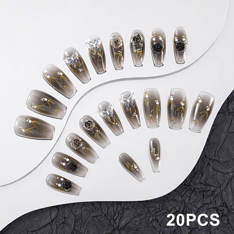 Sethexy Black Gradient Nails Press On 3D Crystal Flower Handmade