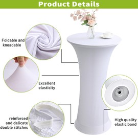 Funvalley Surperfect 2 PCS Spandex Cocktail Table Cover,Tablecloth Fitted Stretch High Top Round Table Cover for Bar Wedding Cocktail Birthday Party Banquet Table(60CM,White)