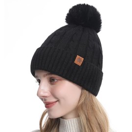 Peybaiwy Winter Hat for Women Men Beanie Warm Hat Soft Soild Color Knit Fleece Lined Pom Pom Ski Snow Cap (UK, Alpha, One Size, Women Black)