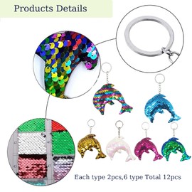Yhjxly Dolphin Sequin Keychain, 12 Pieces, Children's Bag Decoration & Gift, Reversible Sequin Design, Shiny & Durable, Ocean Theme Party Decor