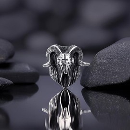 Satanic Baphomet Skull Rings for Men Inverted Cross Goat Demon Devil Stainless Steel Ring Biker Punk Gothic Jewelry Size 8-13 - Ring Size: 9