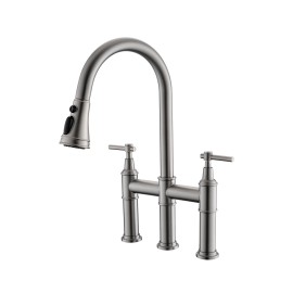 3-Hole Brushed Nickel Bridge Kitchen Faucet with Pull Out Sprayer 2-Handle Kitchen Sinks FaucetColor: NICKEL, Surface Finishing: Nickle