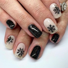 Christmas Press on Nails Medium Square Fake Nails with Glitter Snowflake Designs Black Acrylic Nails Glossy Glue on Nails Winter False Nails Christmas Stick on Nails for Women 24Pcs