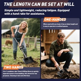 Blue chicken poop scooper litter scooper ，304 Stainless Steel Handle and Hand Rake, Suitable for Chicken Coop Pet Livestock Farm Feces Cleaning, Feces Sieve Shovel Spoon, with 35-inch-62-inch