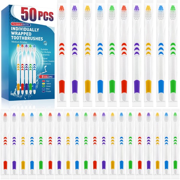 Navona 50 PCS Individually Wrapped Bulk Toothbrushes, Colorful Manual Disposable
