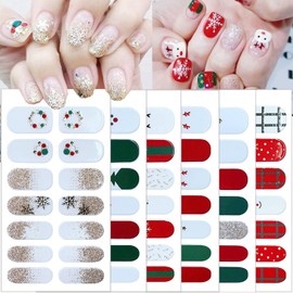Christmas Nail Stickers Xmas Gel Nail Stickers Nail Polish Stickers Winter Cute Elk Santa Glitter Design Full Nail Wraps Sticker Holiday Self-Adhesive Full Cover Nail Stickers Decals for DIY Manicure