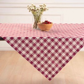 Solino Home Linen Tablecloth 52 x 52 Inch - 100% Pure Linen Beet and Cream Square Table Throw - Morgan Check, Machine Washable Fabric Table Cloth for Spring, Mothers Day, Memorial Day