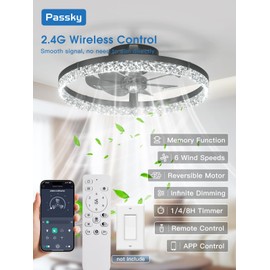 Passky 19.7” Low Profile Ceiling Fan with Lights and Remote, Dimmable LED Flush Mount Fandelier, 6 Speeds, 3000K–6000K, Black Modern Ceiling Fan for Bedroom, Kitchen, Living Room