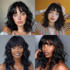 BERRYLION Wigs for Women|Short Bob Wig with Bangs|Synthetic Wavy Bob Wig With Air Bangs (Black)