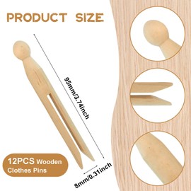 Reicyfang 12PCS Round Wooden Clothespins for Crafts and Laundry, Wood Doll Pins Doll Clothespins Vintage Dolly Clothes Pegs Old Fashioned Wood Clothes Pin for DIY Art Painting Projects Doll Ornaments