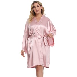 Women's Plus Size Satin Kimono Robes Short Silk Bathrobe Bridesmaid Wedding Party Nightgown Sleepwear Pink