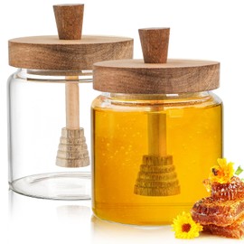 Bekith 2 Pack 18oz Glass Honey Pot with Dipper and Lid, Glass Honey Jar Wide Mouth Honey Container Honey Dipper Set, Airtight Syrup Dispenser for Home Kitchen