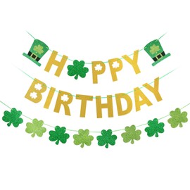 St. Patrick's Day Birthday Party Decorations- Glitter Happy Birthday Banner and Shamrock Garland, Shamrock Decorations,St. Patrick’s Day Birthday Banner,Lucky One 1st Birthday Party Decorations