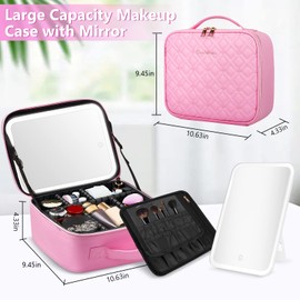 Lighted Makeup Case, Travel Make Up Organizer Bag Cosmetic Case with Adjustable Lighted Mirror 3 Color and 10x Magnifying Mirror, Adjustable Dividers Makeup Train Case Gift for Women (Pink)