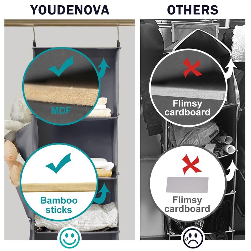 YOUDENOVA Hanging Closet Organizer, 5-Shelf Closet Hanging Storage Shelves, Grey