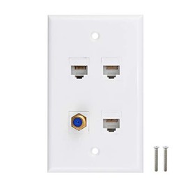 Ethernet Coax Wall Plate, 3 Port Cat6 Keystone Female to Female, 1 Port F Type Connector Coax Keystone Female to Female Wall Plate - White