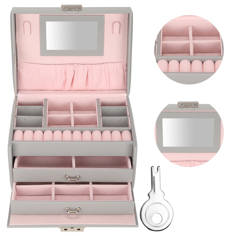 Three Layer Jewelry Storage Box PU Leather Necklace Rings Earrings