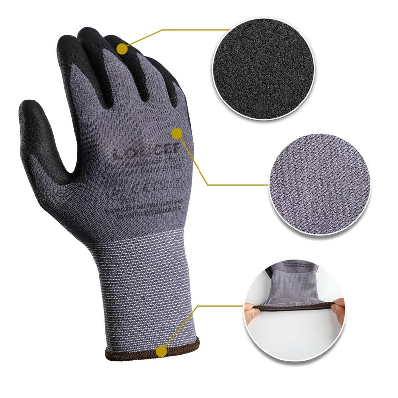 LOCCEF Work Gloves, Micro Foam Nitrile Coated, 12 Pairs, Seamless