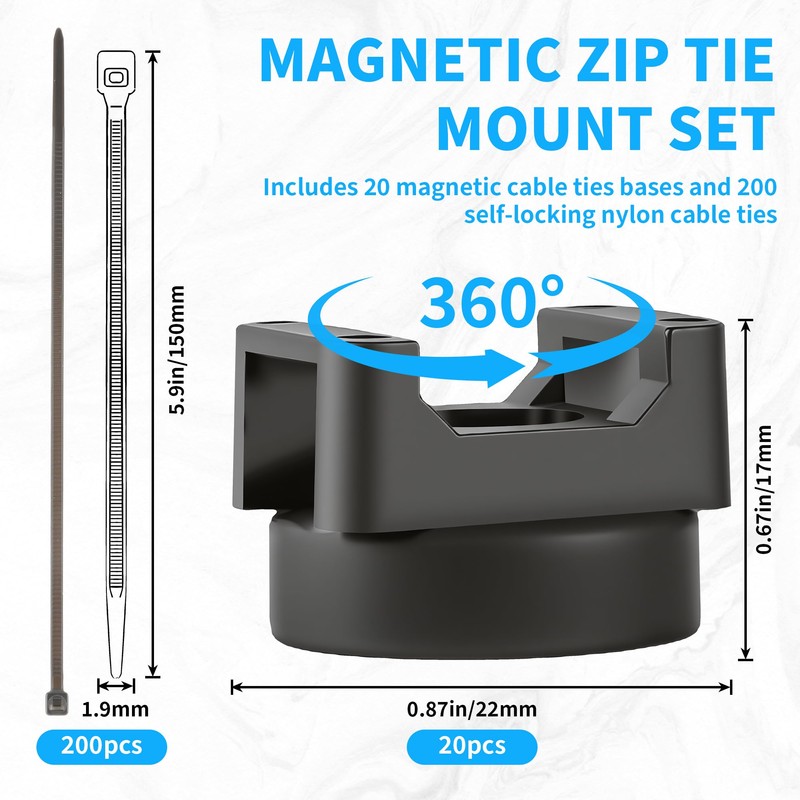XHTTFDC Magnetic Cable Ties set,20 Magnetic Zip Tie Mounts with