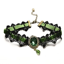 Youniker Retro Handmade Choker Necklace for Women Gothic Black Lace Necklace for Halloween Punk Costume Party Royal Court Vampire Choker Pendant Chain (Green)