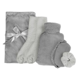 OHS Winter Warmer Gift Set for Women Grey, Christmas Gifts for Her Super Soft Cosy Womens Gift - Eye Mask, Hot Water Bottle, Scrunchie, Fluffy Socks, Drawstring Bag
