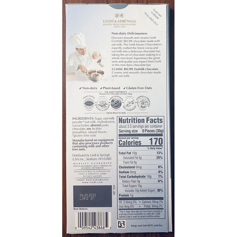 Lindt Classic Recipe NON DAIRY OatMilk Chocolate Bar 3.5 oz