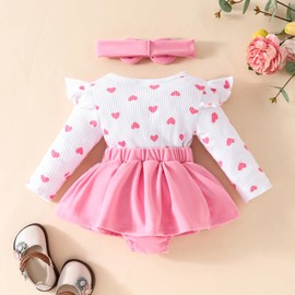 UUAISSO Baby Clothes for Girls with Heart Print Ribbed Romper Onesie Dress Ruffle Bodysuit with Bow and Headband, Pink heart