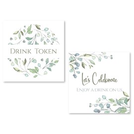 100 x Rustic Botanical 74mm Square Card Drink Tokens: Let's Celebrate - Enjoy a Drink on Us