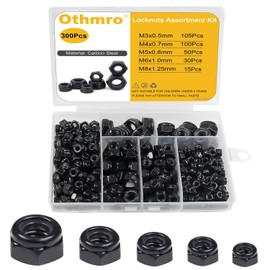 300pcs Locknuts Assortment Kit M3 M4 M5 M6 M8 Hex Nuts Set Carbon Steel Metric Assorted Self-Locking Nylon Insert Right Hand External Hex Drive with Plastic Box
