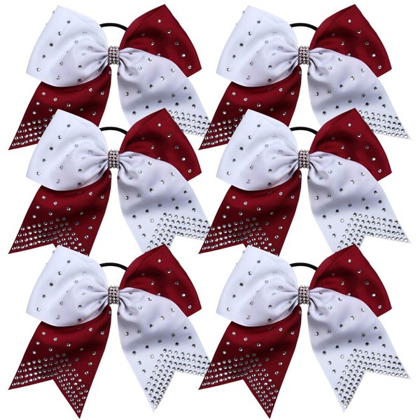 8 Inch 2 Colors Cheerleader Bows Ponytail Holder with Bling Fling Rhinestones Hair Tie Cheerleading Bows 6 Pcs (Maroon/White)