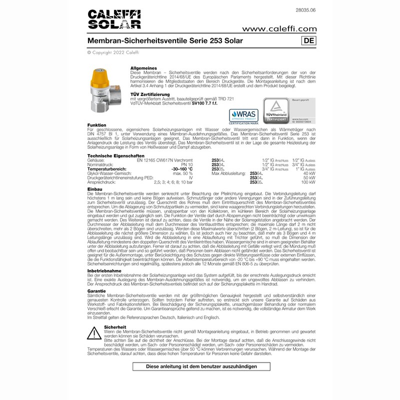 253048 Safety Valve for Solar Systems 1/2 Inch F x